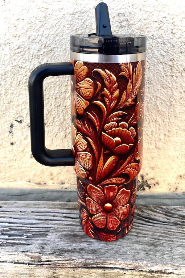 Brown Tooled Printed Flip Straw Tumbler (30oz)