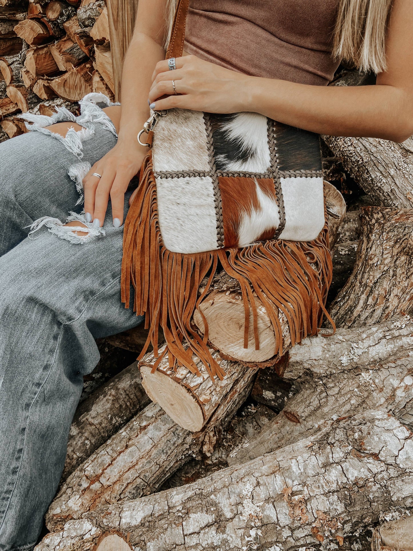 Patchwork Cowhide Fringe Western Purse