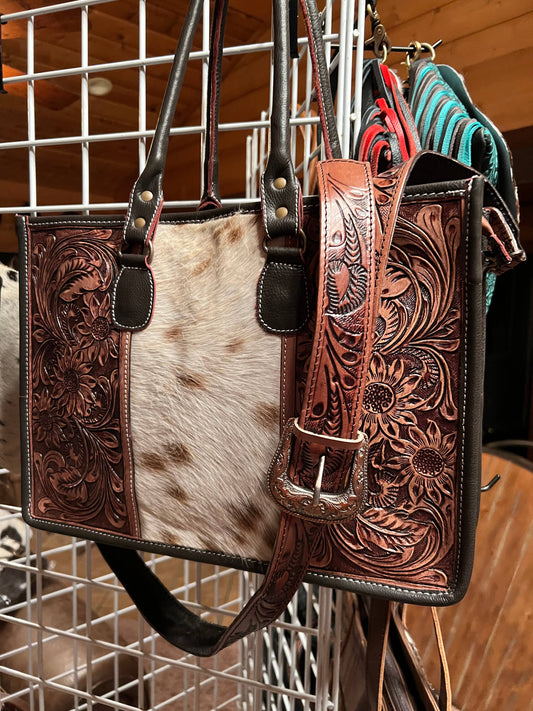 Sunflower Tooled Leather Tote Bag